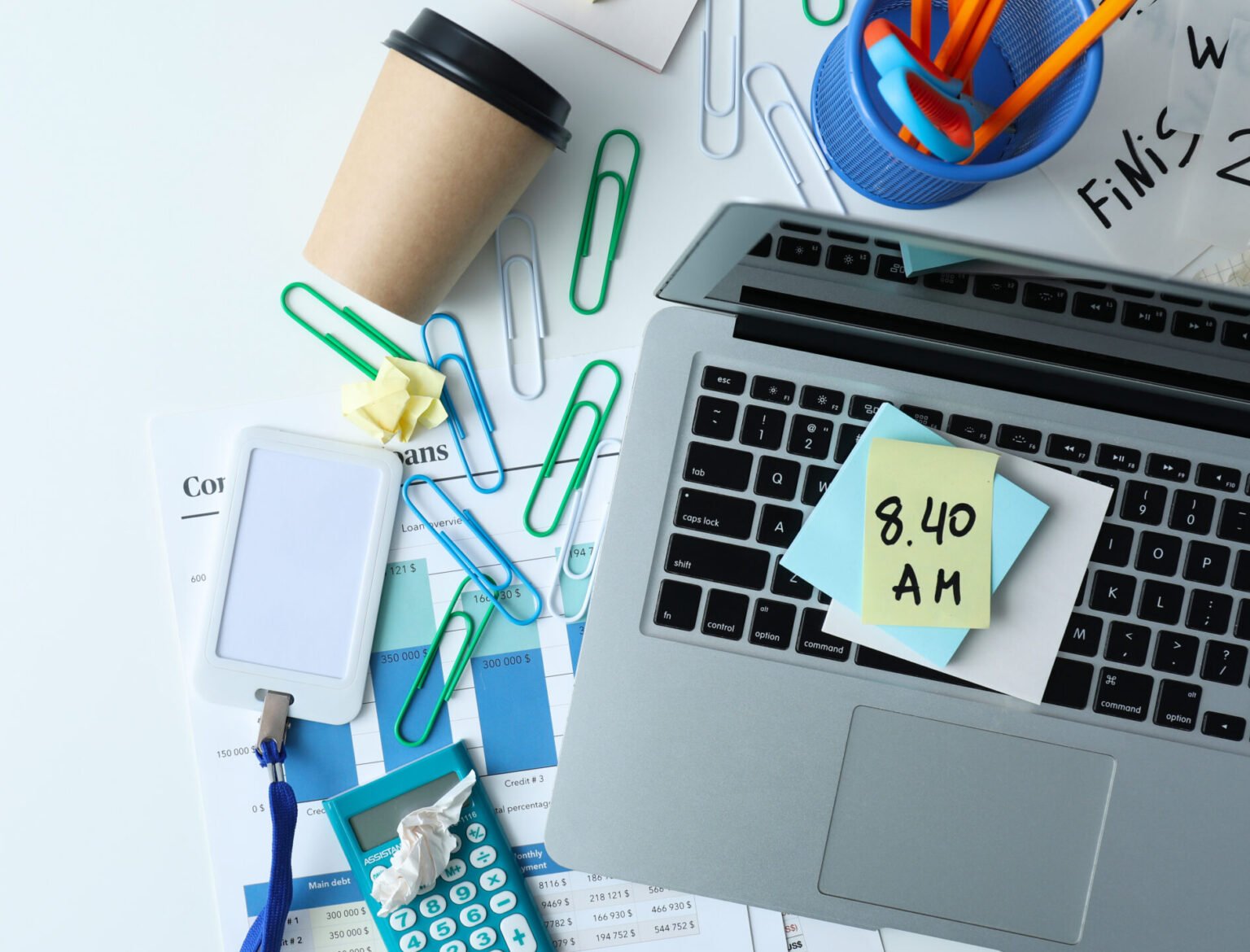 Messy office workplace, workplace and workspace concept